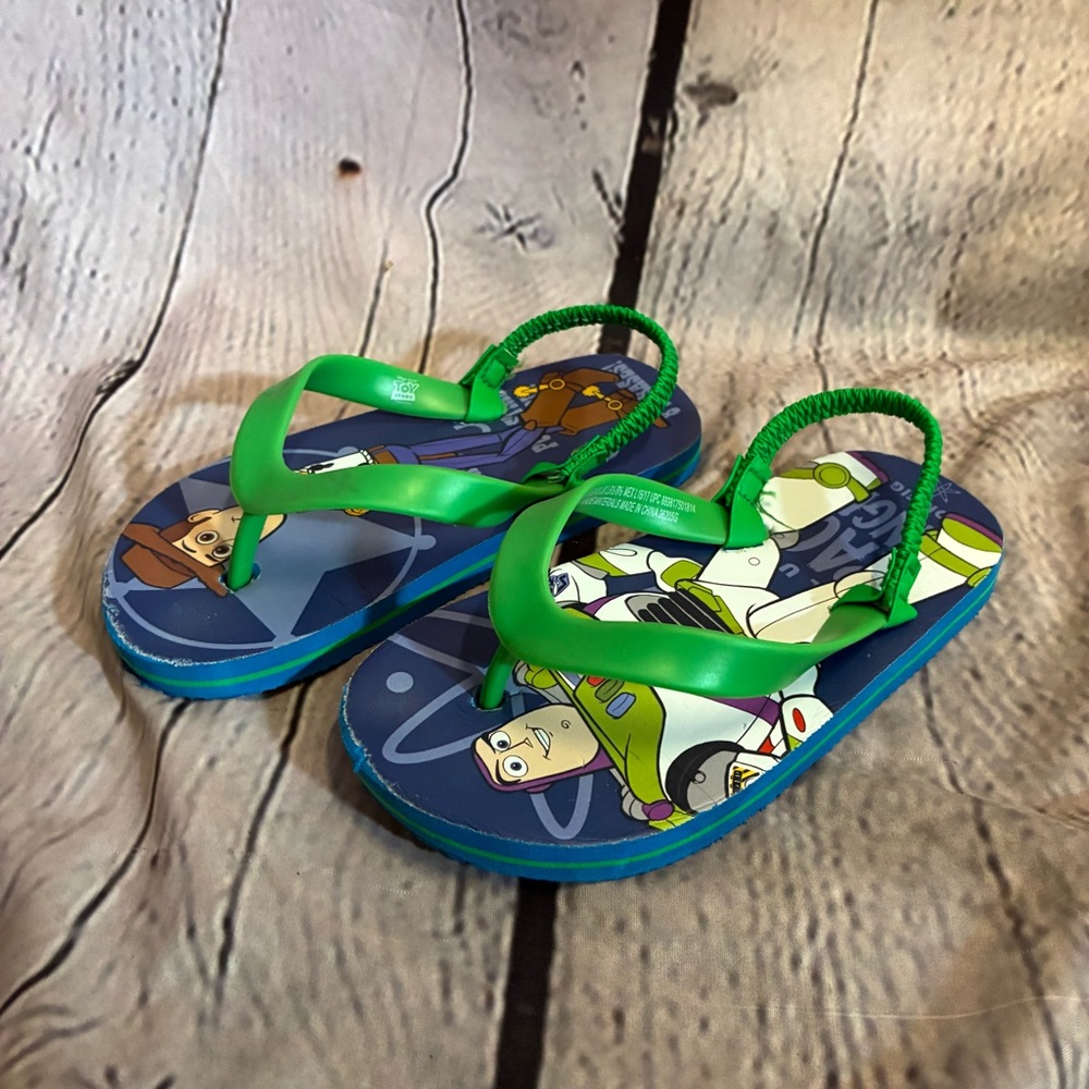 5/$20 Disney Pixar Toy Story Toddler‎ Buzz Lightyear Woody Flip Flops Sz L 9/10